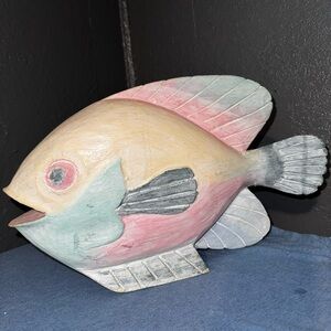 Vintage Rainbow painted carved wooden large standing fish figurine